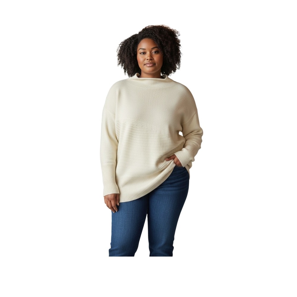 Vince Camuto Cream Mock Neck Ribbed Knit‎ Tunic Sweater L